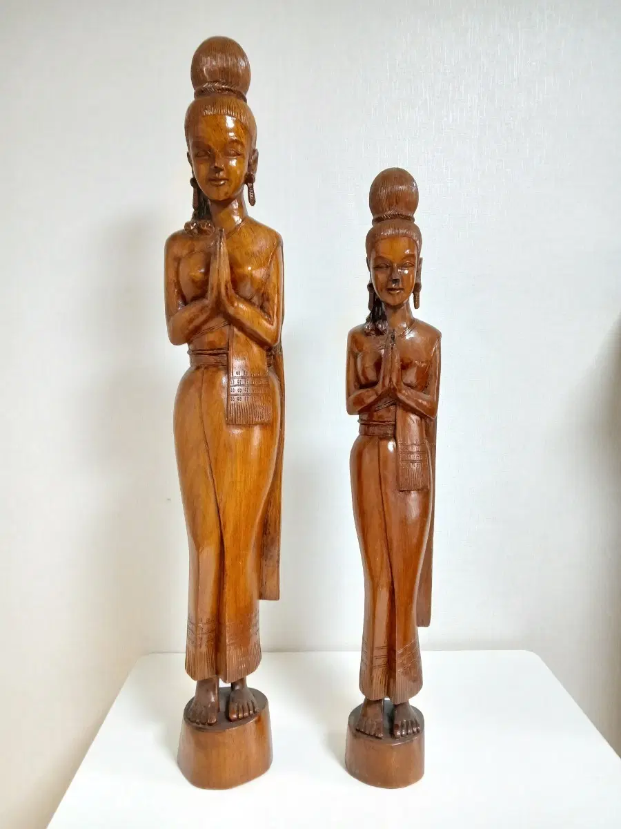 태국 오리지널 수공예 사와디 목조 여인상 2점 세트 (77cm / 65cm)앤틱 빈티지