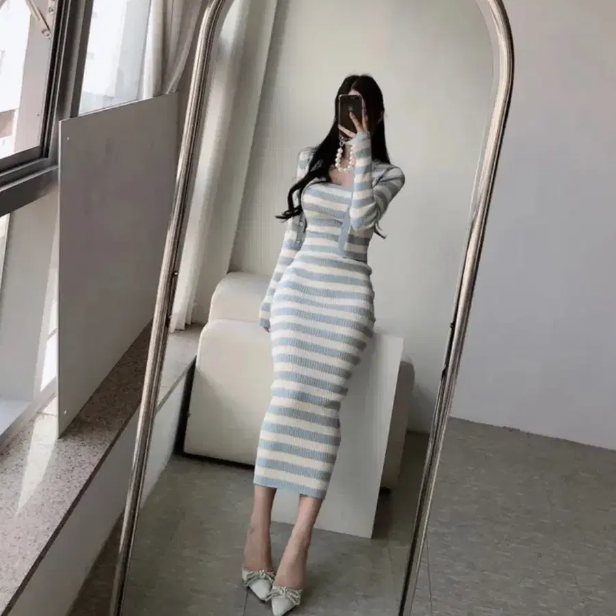츄룸 새상품 파르페 단가라 슬림핏 가디건 나시 롱원피스 세트 투피스 소라색