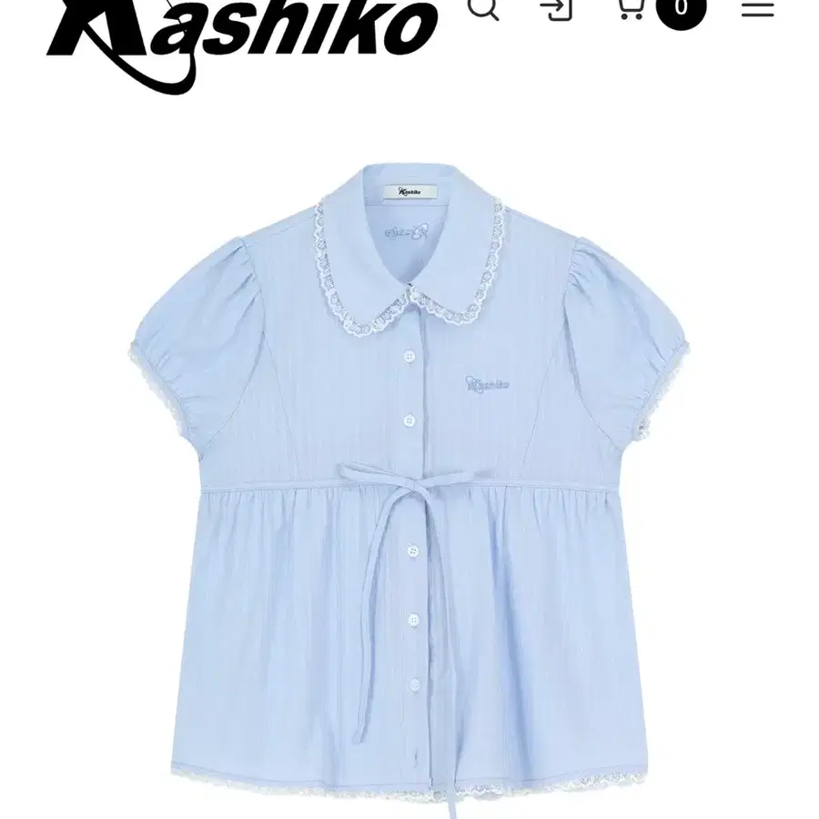 새상품) Kashiko 카시코 퍼프 슬리브 레이스 셔츠 블루 반팔 블라우스