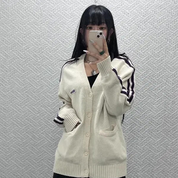 널디 빈티지 캐주얼 폭닥 배색 라인 아방핏 가디건 S C15148