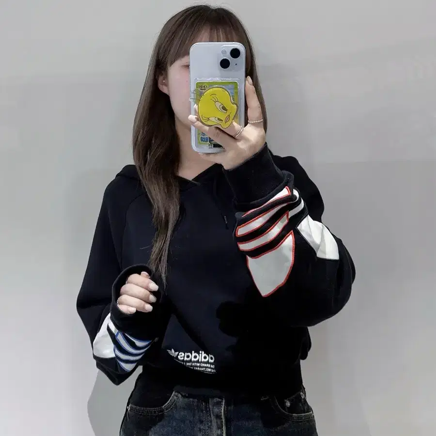 아디다스 트라이컬러 크롭 후드