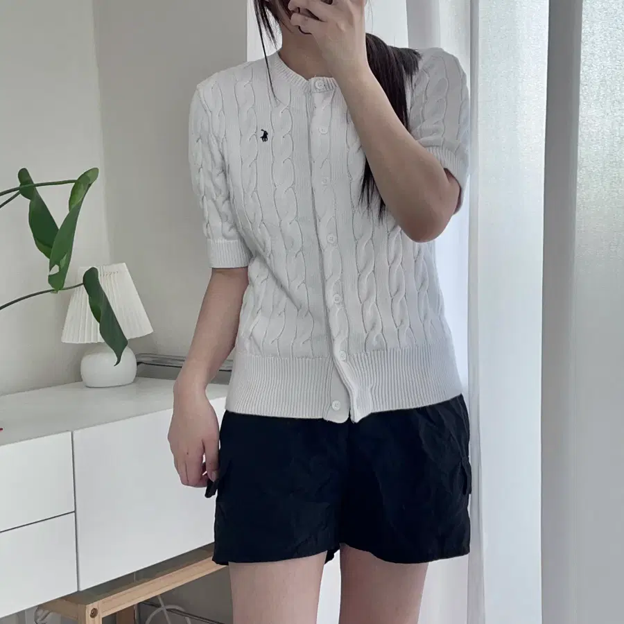 폴로 연그레이 / 네이비포니 꽈배기 반팔니트 가디건 [ M ]