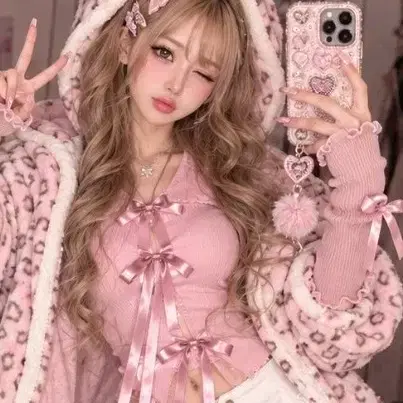 핑크 레오파드 퍼 후드 자켓 갸루 스타일링 셋업 세트