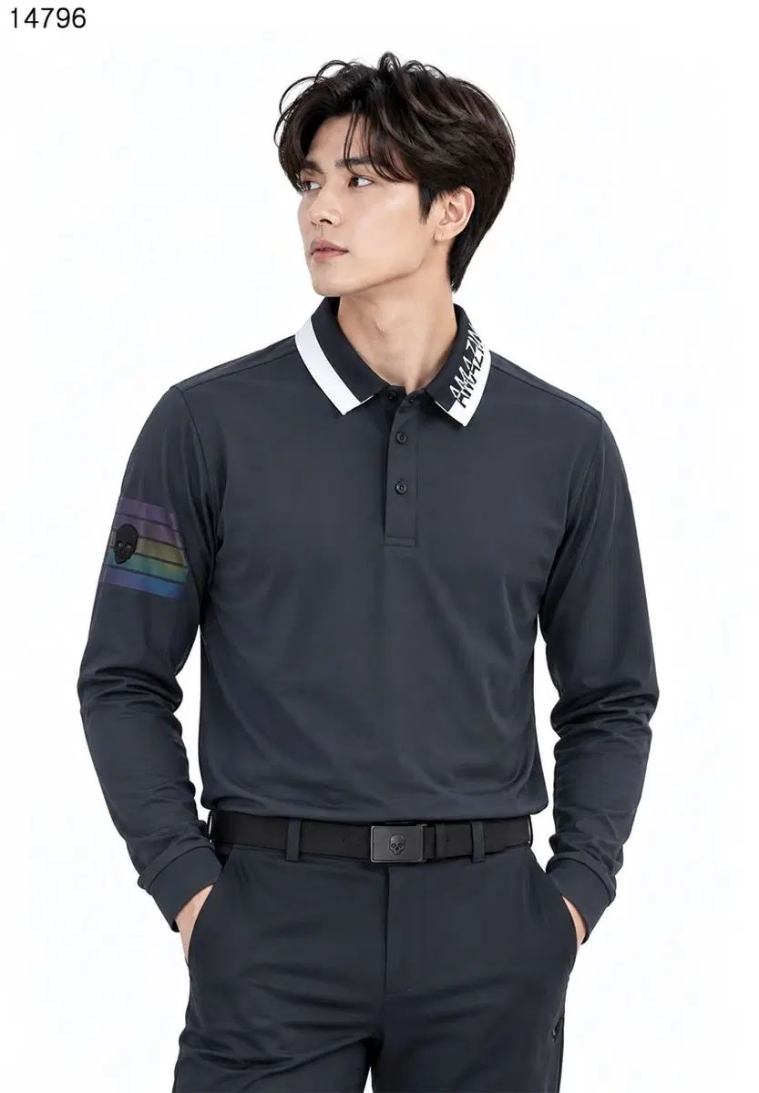 어메이징크리 목 배색 카라 긴팔 티셔츠