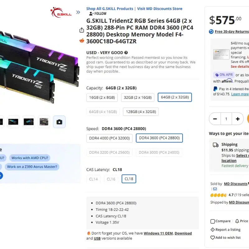 지스킬 DDR4 3600 // G.SKILL DDR4 3600 // F4-3600C18D-64GTZR