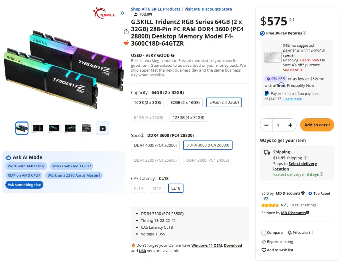 지스킬 DDR4 3600 64GB // G.SKILL DDR4 3600 // F4-3600C18D-64GTZR