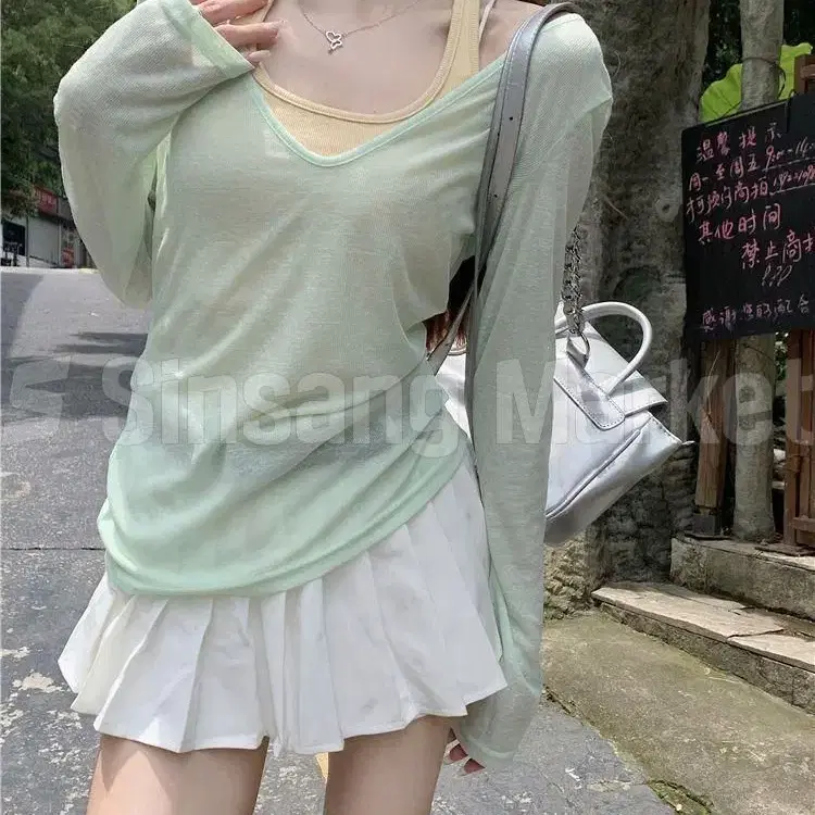 [당일 발송] 2컬러 허쉬 딥 브이넥 시스루 긴팔 set 나시세트 민트 레몬