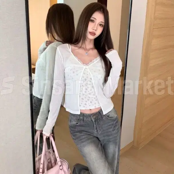 [빠른발송] 빈브 플라워 꼬임 가디건 set 레이스 탑 트위스트 시스루