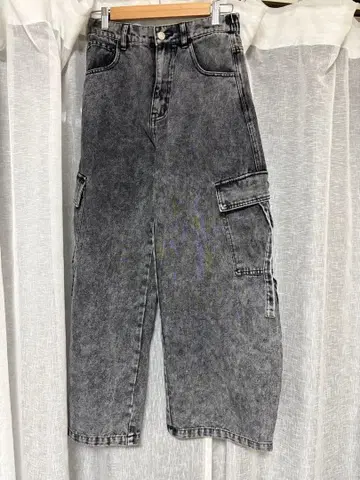 SERACE 빈티지 와이드 커브 데님 카고 팬츠 라이트 그레이 S