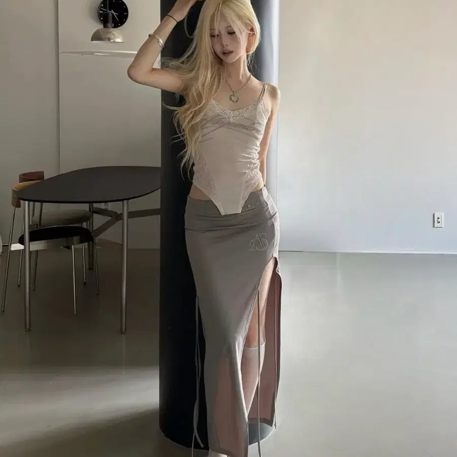 애즈유아 커팅 리본 롱 스커트 애쉬 베이지 S