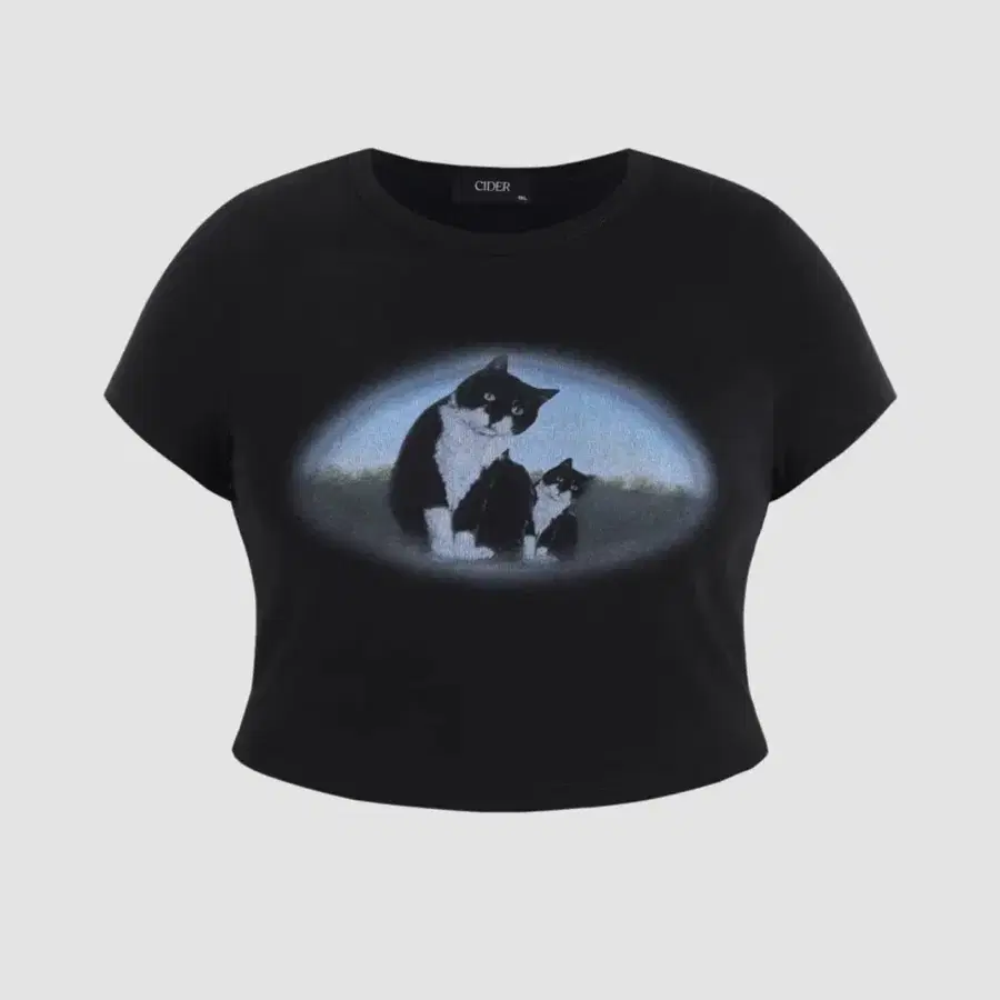 샵사이다 크롭 티셔츠 고양이 프린트 블랙 CAT PRINT SHIRT CURVE & PLUS