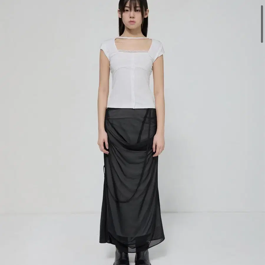 플레어업 Draped Mesh Layered Long Skirt (FL-264_Black)