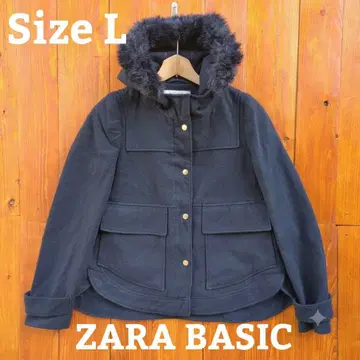 ZARA BASIC 퍼 후드 숏코트 L 네이비 골드 버튼