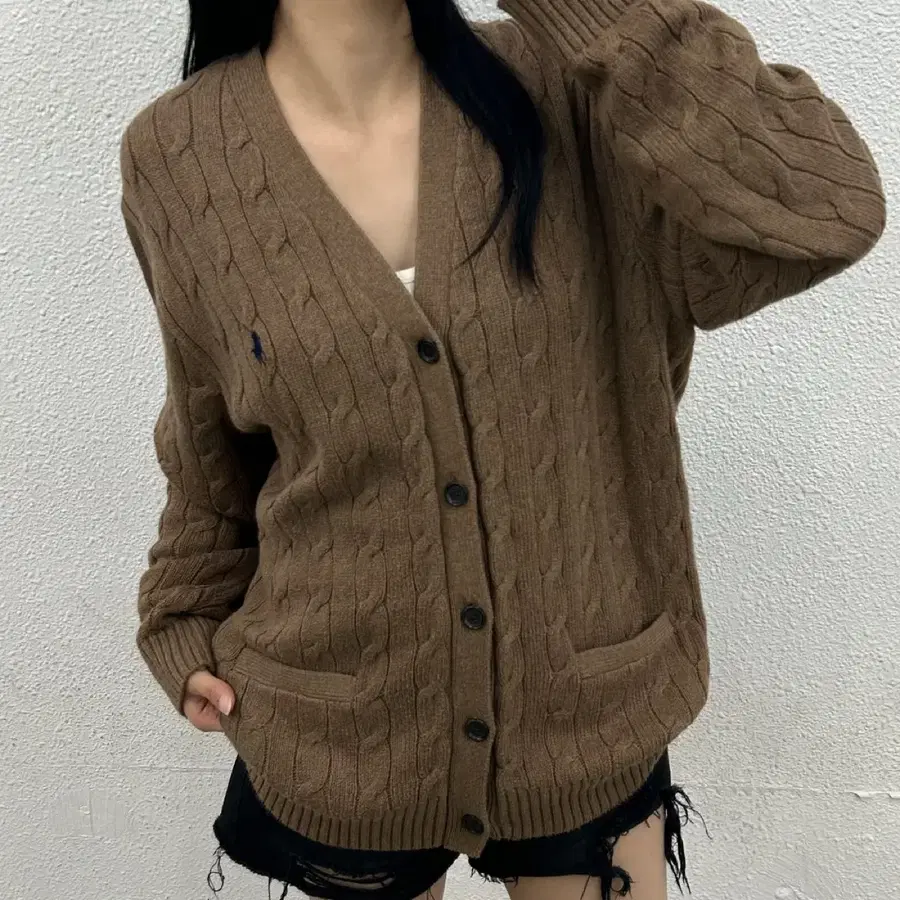 폴로 랄프로렌 네이비포니 브라운 꽈배기 니트 L
