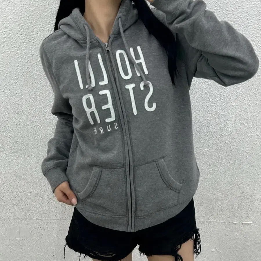 홀리스터 센터로고 그레이 후드집업 L