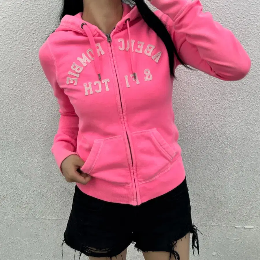 아베크롬비 센터로고 형광핑크 후드집업 S