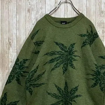 550 HUF 하프 니트 스웨터 마리화나 패턴 대마 잎 패턴 카키 XL