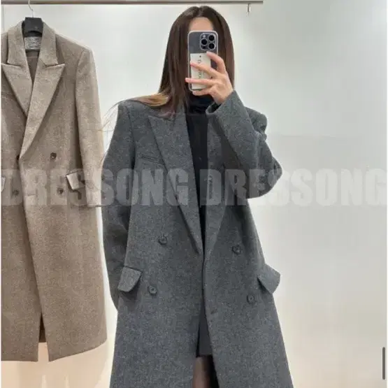 드레송 울100 헤링본 더블 롱 코트