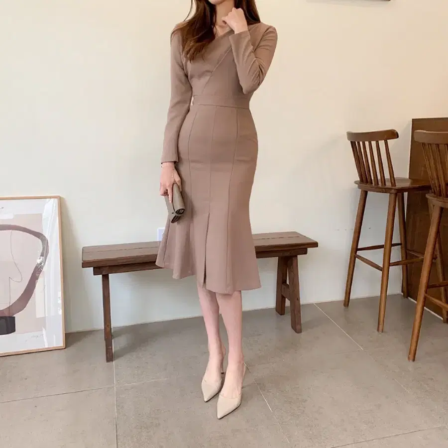 [재고정리 새상품] 국내생산 고퀄 베이지 머메이드 롱원피스 하객룩