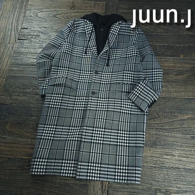 준지 후드 레이어드 오버핏 체크 코트 그레이 P02254