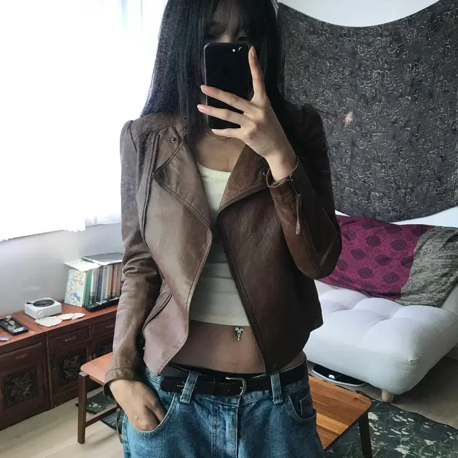QUA 양가죽 브라운 슬림 레더 라이더 자켓
