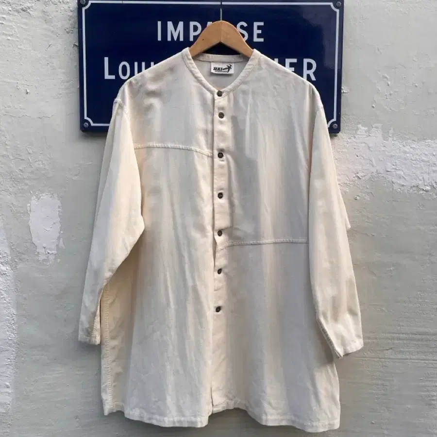 80-90s HAI SPORTING GEAR 파인 립 비대칭 롱 셔츠 M (일본제)