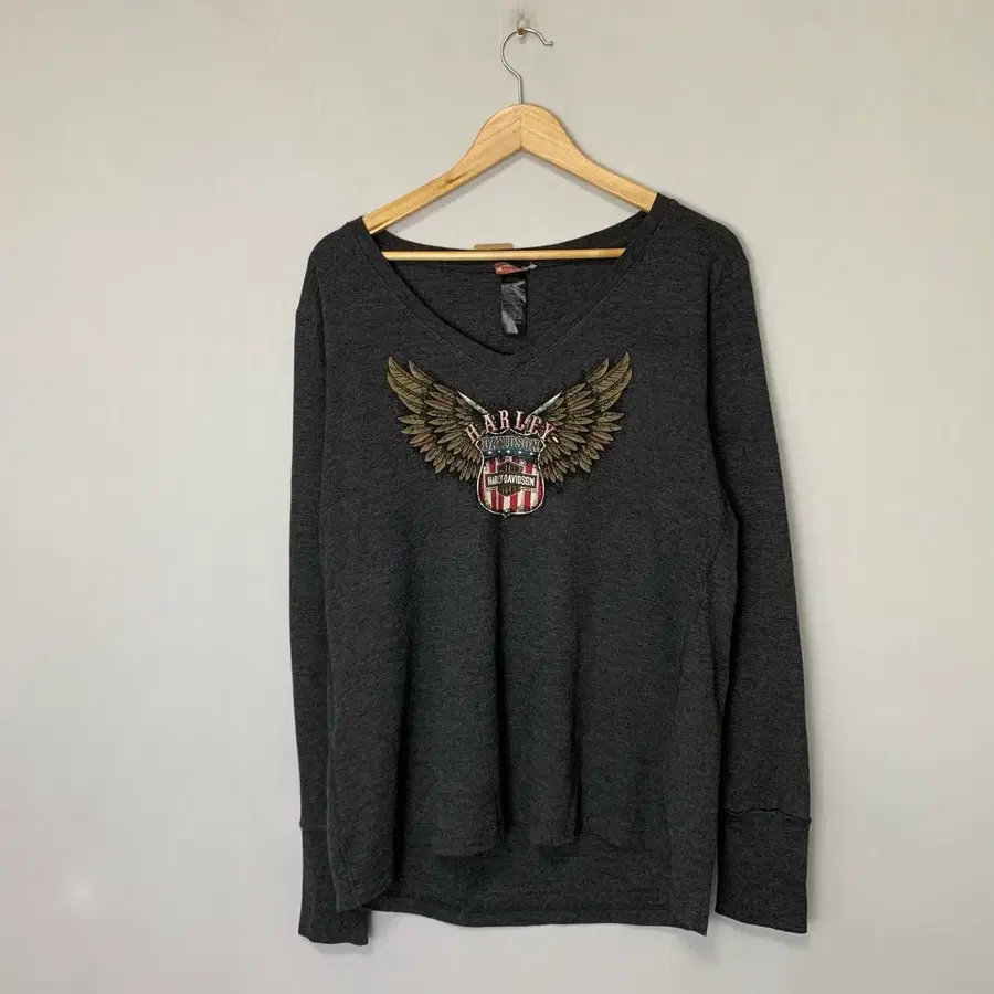 할리데이비슨 y2k 로고 프린팅 핑거홀 브이넥 와플 롱슬리브 남녀공용 차콜