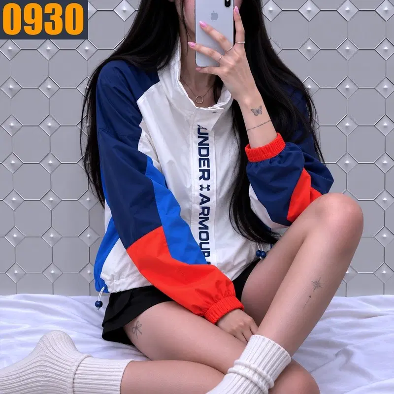 100 UNDER ARMOUR 언더아머 화이트 블루 오렌지 배색 로고 아노락 바람막이 L