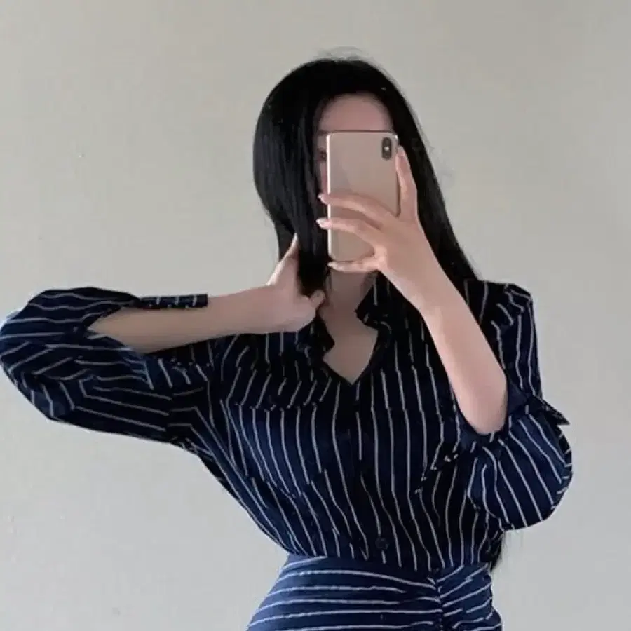 실크 네이비 스트라이프 긴팔 셔츠