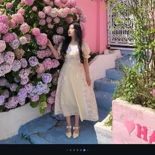 교신 유앤진 노란색 플라워 면 원피스 드레스 휴양지 양산형 셀프웨딩