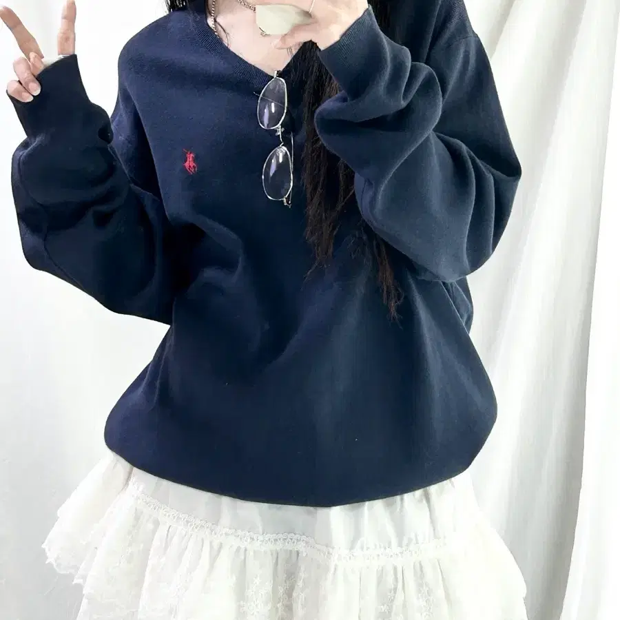 폴로 피마코튼 다크네이비 브이넥니트