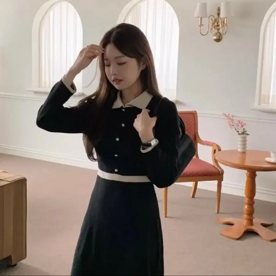 교신 파티룩 연말룩 니트 카라 원피스 드레스