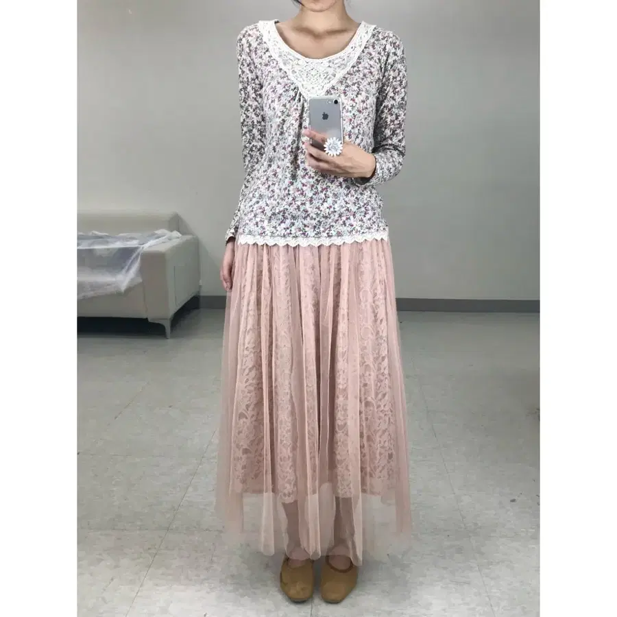 일본빈티지 연핑크 레이스 샤스커트 치마