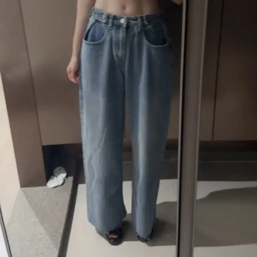 312. 엔돌핀 비조 버튼 연청 와이드팬츠 M