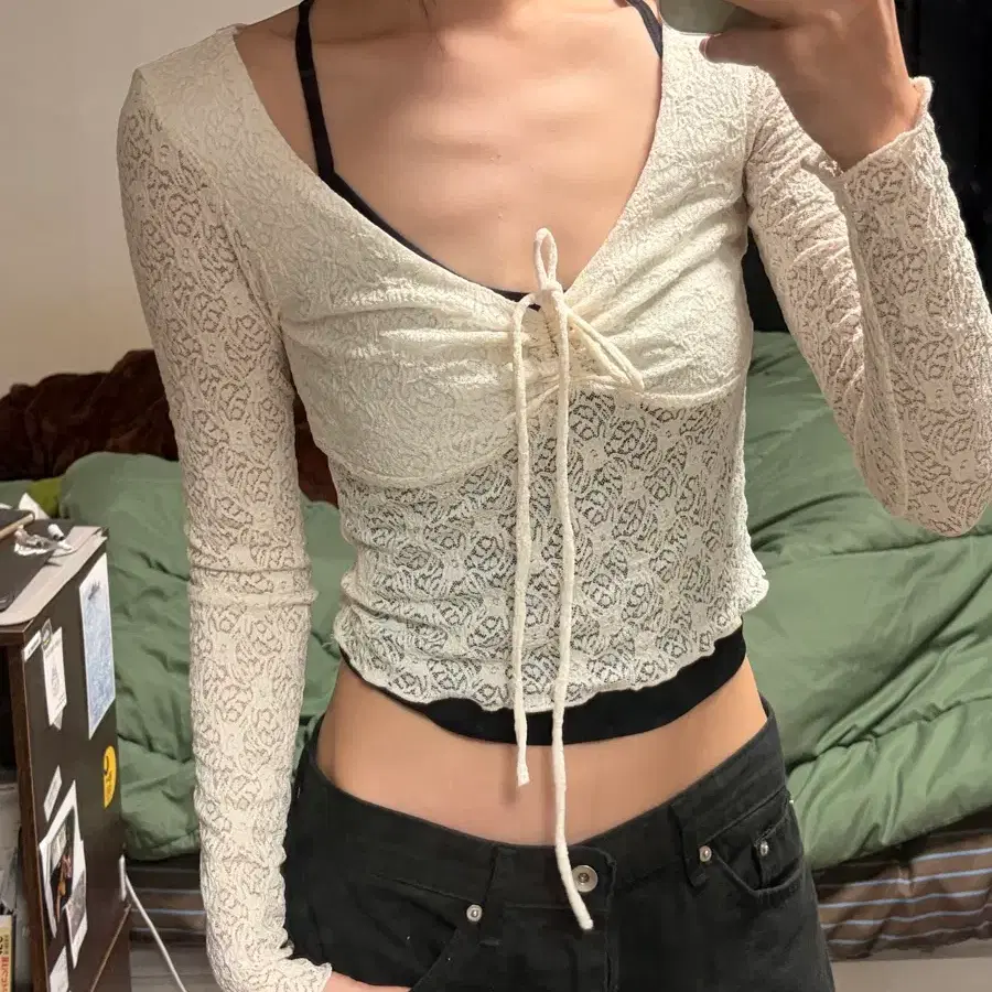 레이스 유넥 티셔츠 아이보리 빈티지