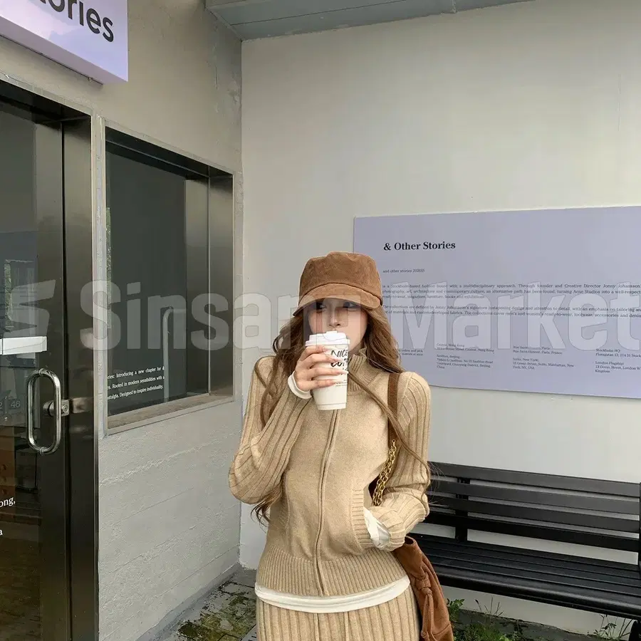 [빠른발송] 밀크티 골지 니트 집업 스커트팬츠 셋업