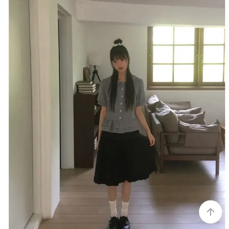 체크 패턴 프릴 블라우스 치마 세트