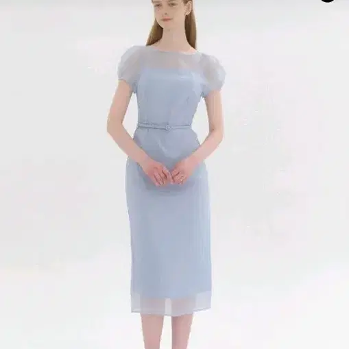 르로망 쉬폰 퍼프 캡소매 슬림 원피스 블루