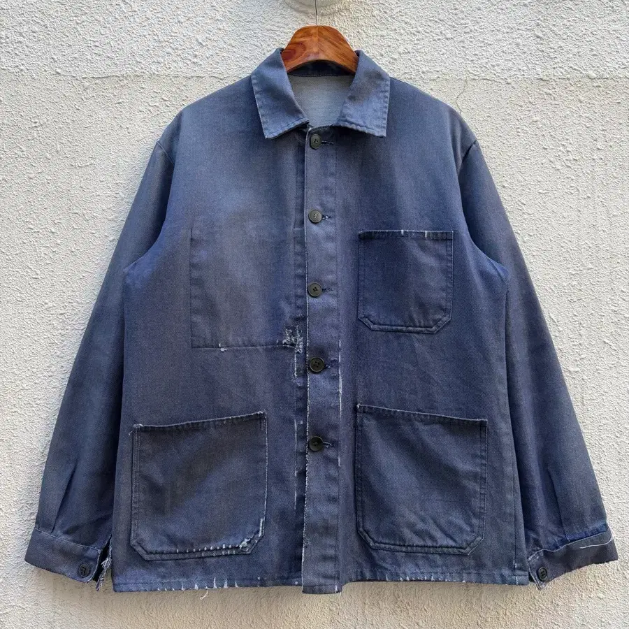 1970s DISTRESSED FADED DENIM FRENCH 인디고 데님 빈티지 프렌치워크자켓