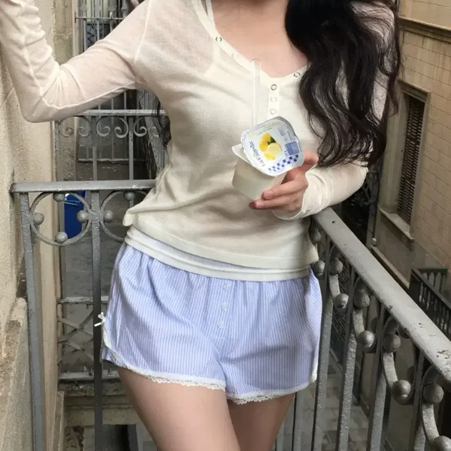 428. 지브 텐셀 레이어드 시스루 줄라이 티셔츠 아이보리