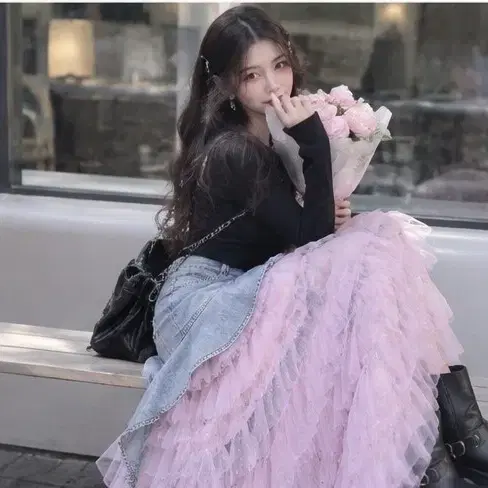 [극희귀/소장템] 디자이너 언밸런스 데님 글리터 펄 캉캉 샤 롱스커트