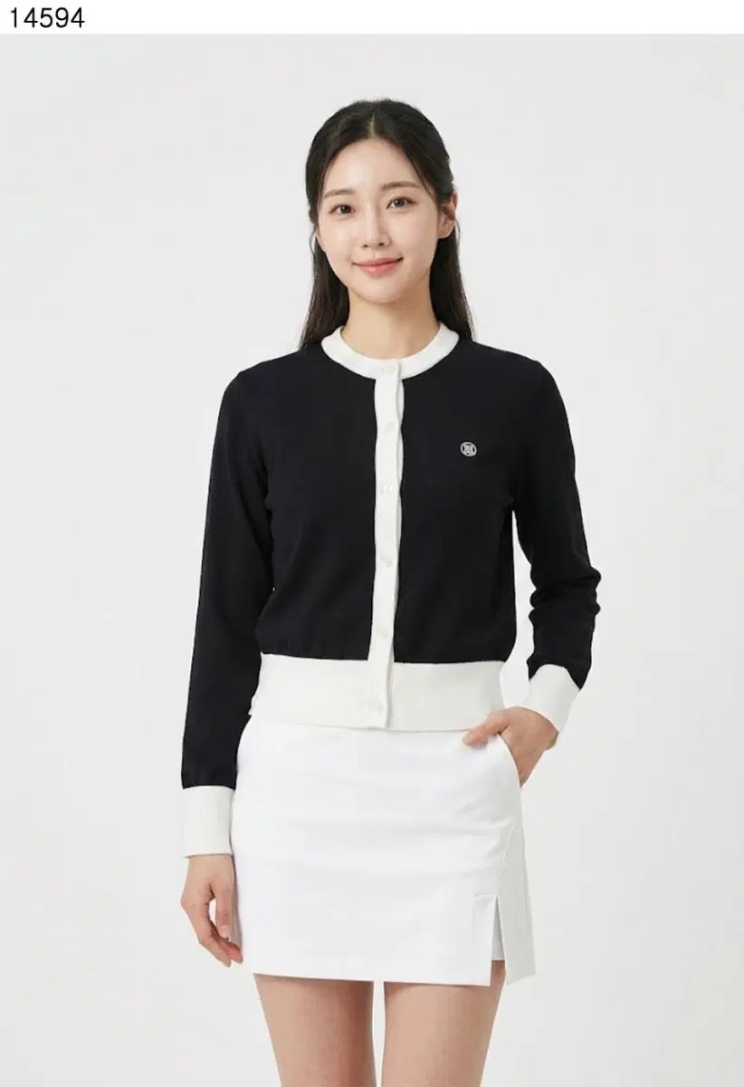 지포어 여성 배색 라운드 니트 가디건