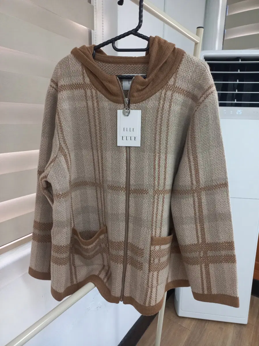엘르 체크 후드 집업 가디건 88-99 새상품