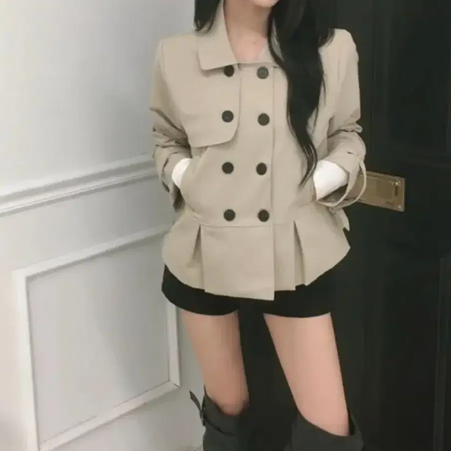 핀턱 트렌치코트 숏트렌치 하프트렌치 더블버튼 트렌치