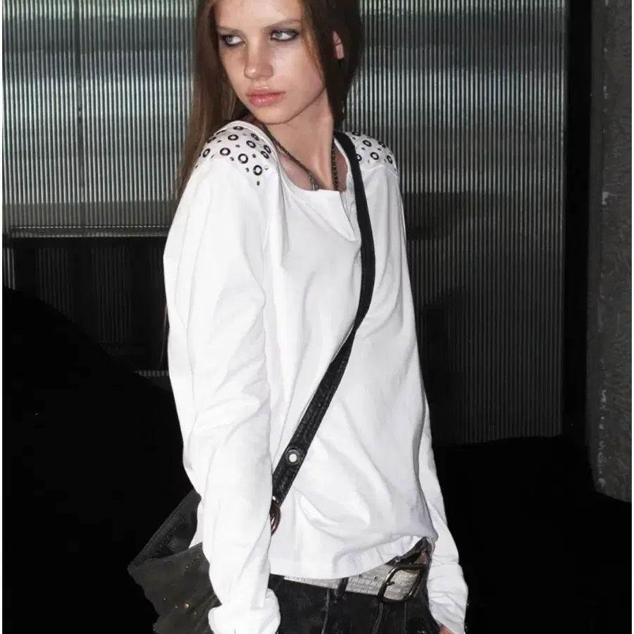 White Metal Stud V-Neck Tee