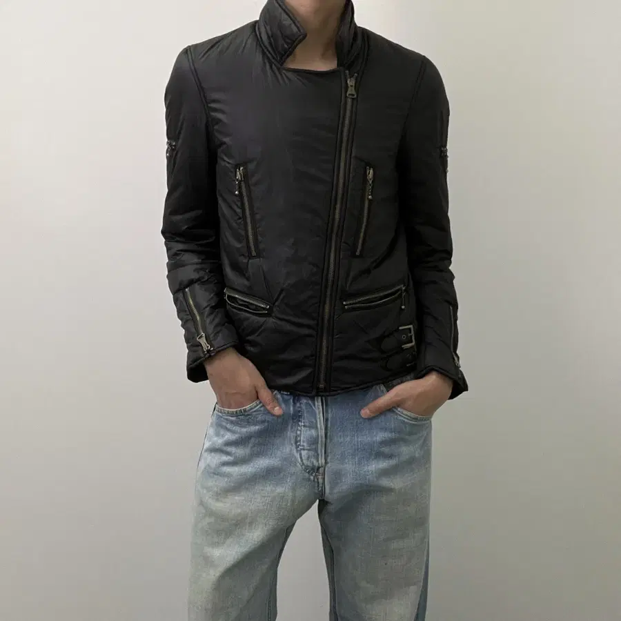 빔즈 블랙 기믹 나일론 사선 라이더 자켓 S