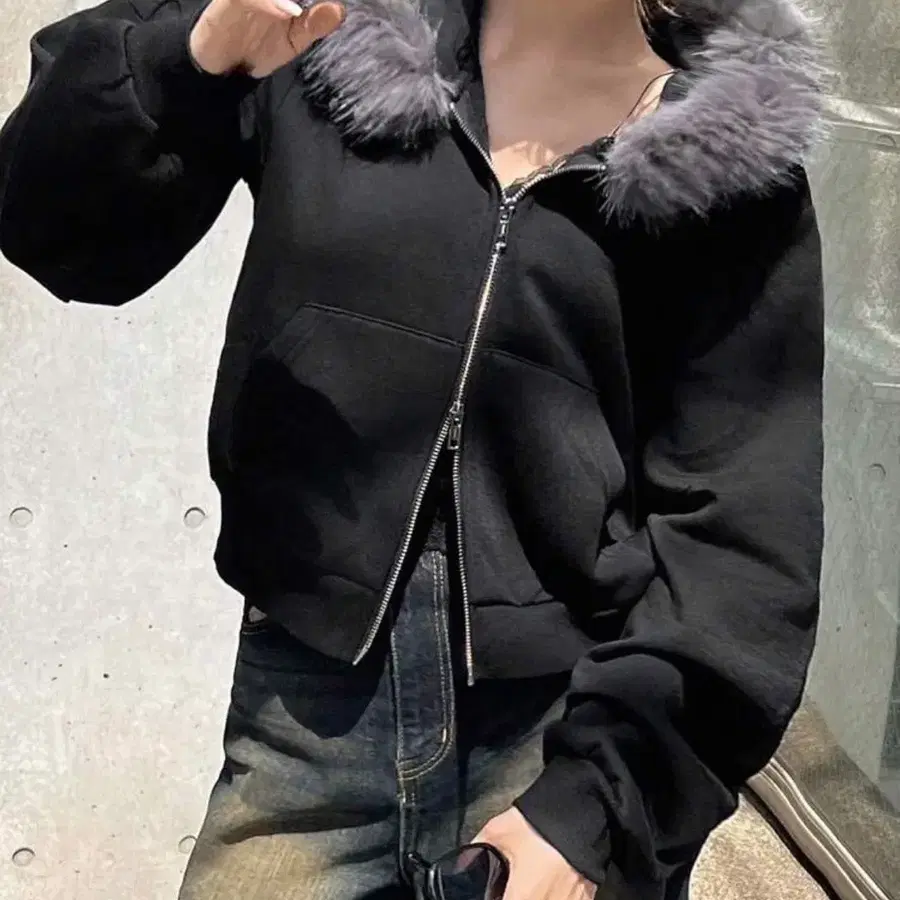 그레이 퍼 기모 후드집업