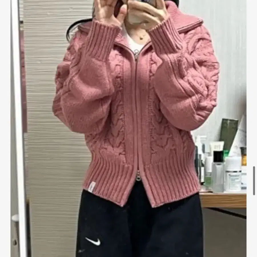시티브리즈 울 케이블 니트 집업 가디건 핑크