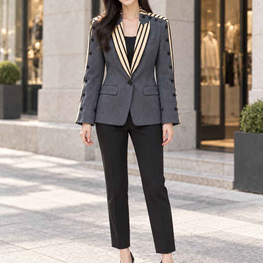 산드로 여성 S 이중레이어드 스트라이프 롱자켓