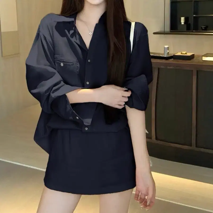 [기간한정할인] (1color) 세인 셔츠 스커트 투피스 세트 (허리밴딩)